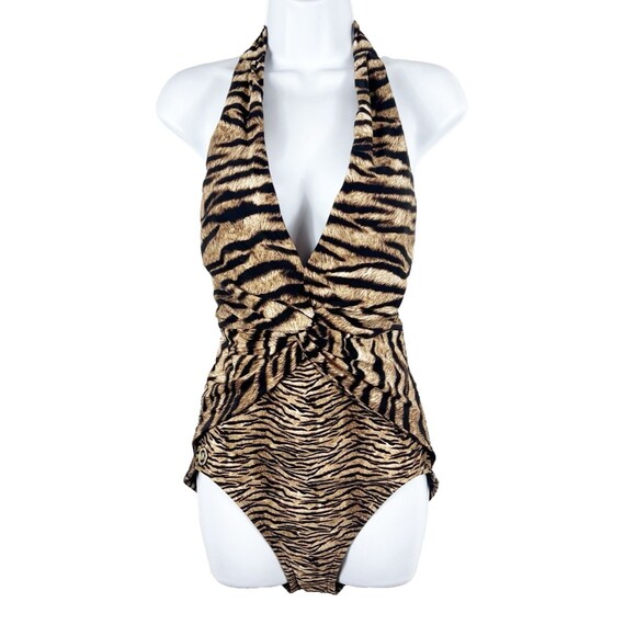 Michael Michael Kors Size 12 Animal Print Halter Ruched One Piece Swimsuit Logo - Picture 1 of 10